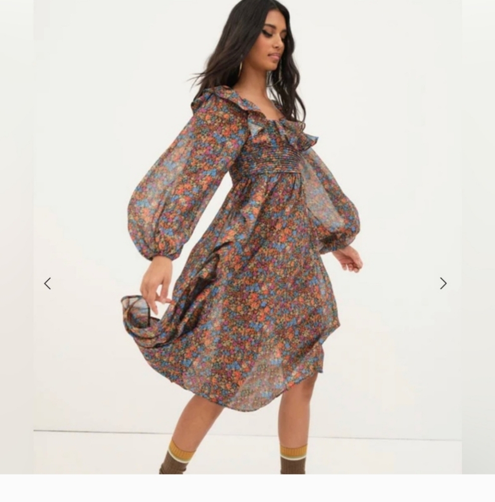 For Love & Lemons Brittany Floral Print Long Sleeve Midi Dress - Picture 1 of 9
